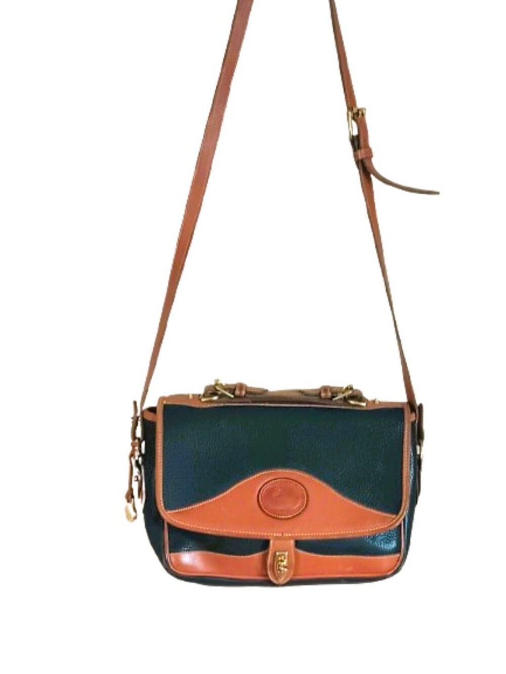 Dooney & Bourke Vtg Carrier Shoulder Bag Black Pebble Leather Tan Trim